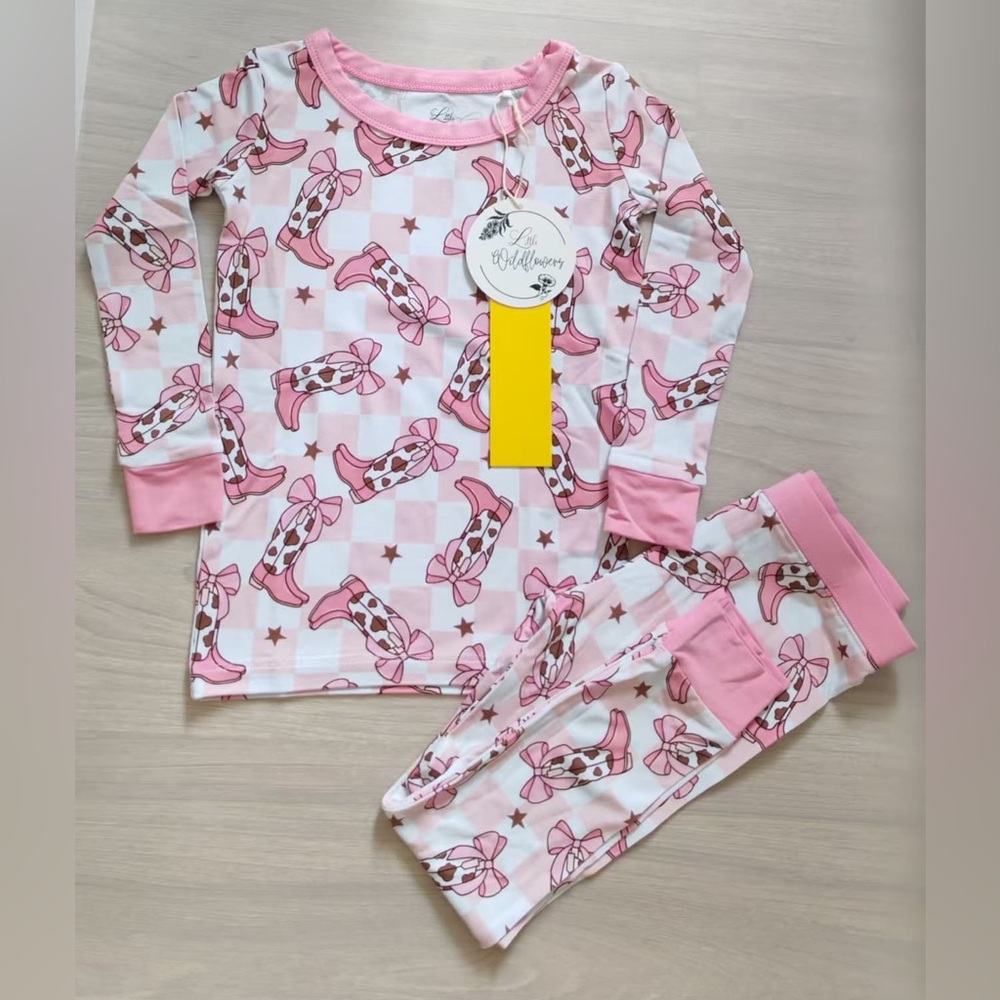Girls Bamboo Boots N Bows Two piece long sleeve and pant Pajama Set
